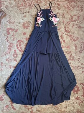 Premier Amour Navy Embroidered Romper with Flowing Skirt Overlay. NWT